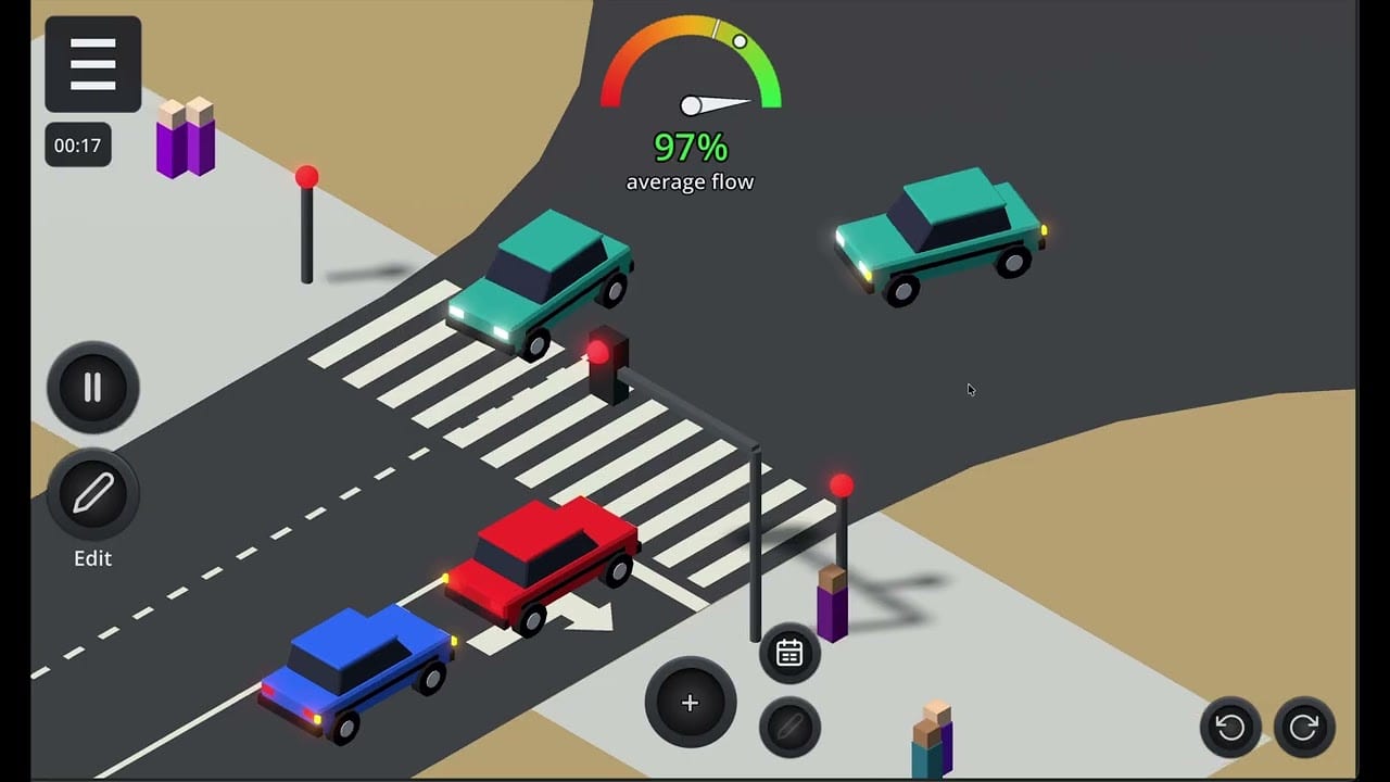 A close view of a pedestrian crossing in edit mode. Two cars wait at a red light while a third clears the zebra, with average flow at 97 per cent.