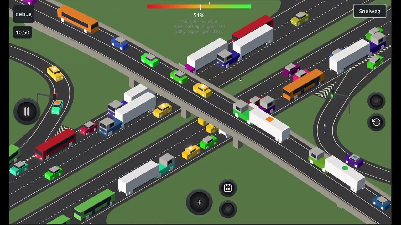A highway junction with a bridge and on-ramps, packed with trucks and buses. The readout shows 155 vehicles driving and 153 standing still at 51 per cent flow.