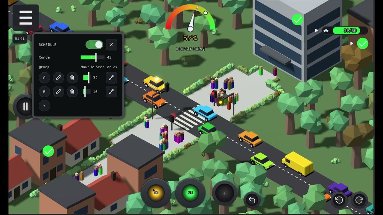 A village crossing with the schedule panel open: signal groups A and B set to 32 and 10 seconds, a queue of cars waiting at the zebra crossing, and the flow meter reading 57 per cent.